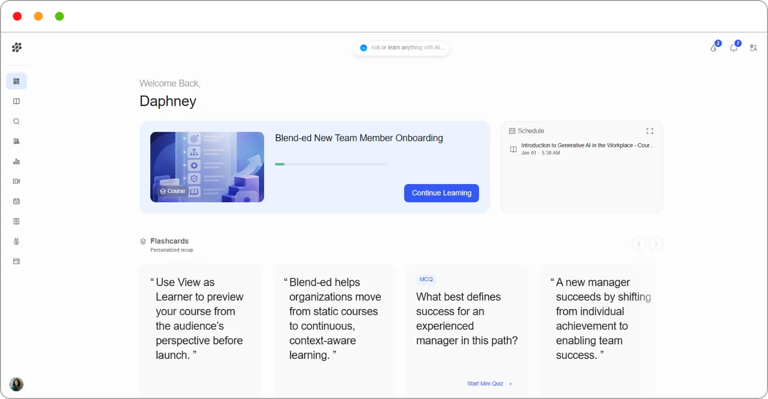 Dashboard showing the Welcome Back greeting, Continue Learning card, Schedule widget and Flashcards row