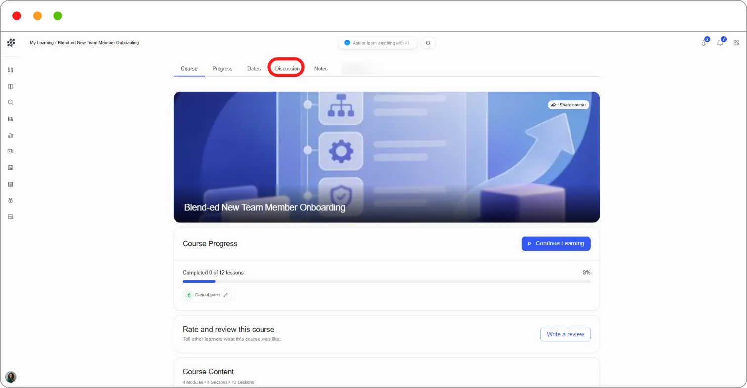 Discussion tab with search, filters, Create post and the Topics list