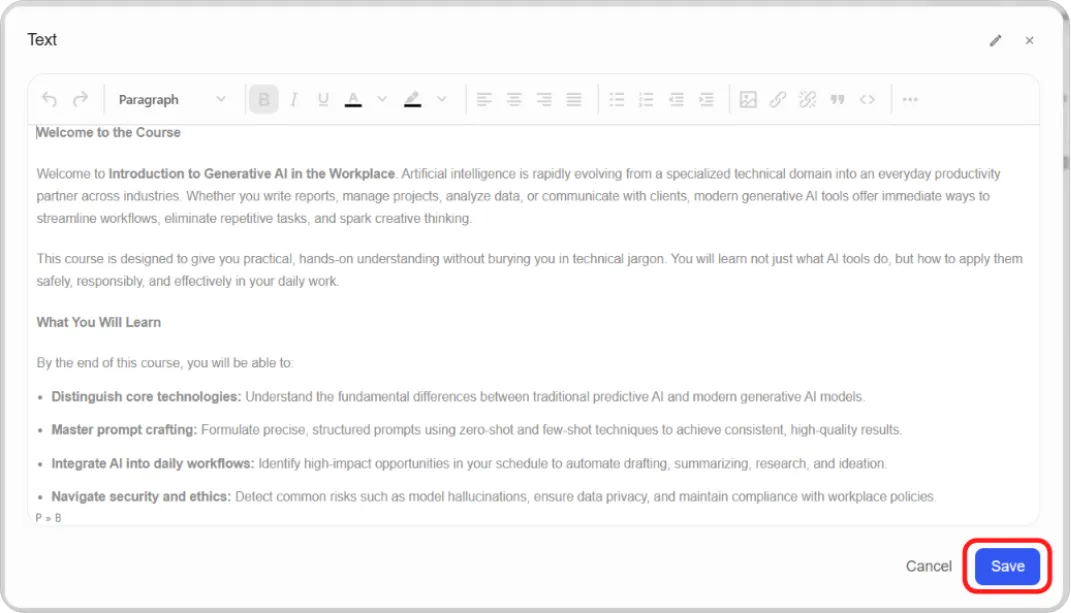 Text editor with toolbar and sample content