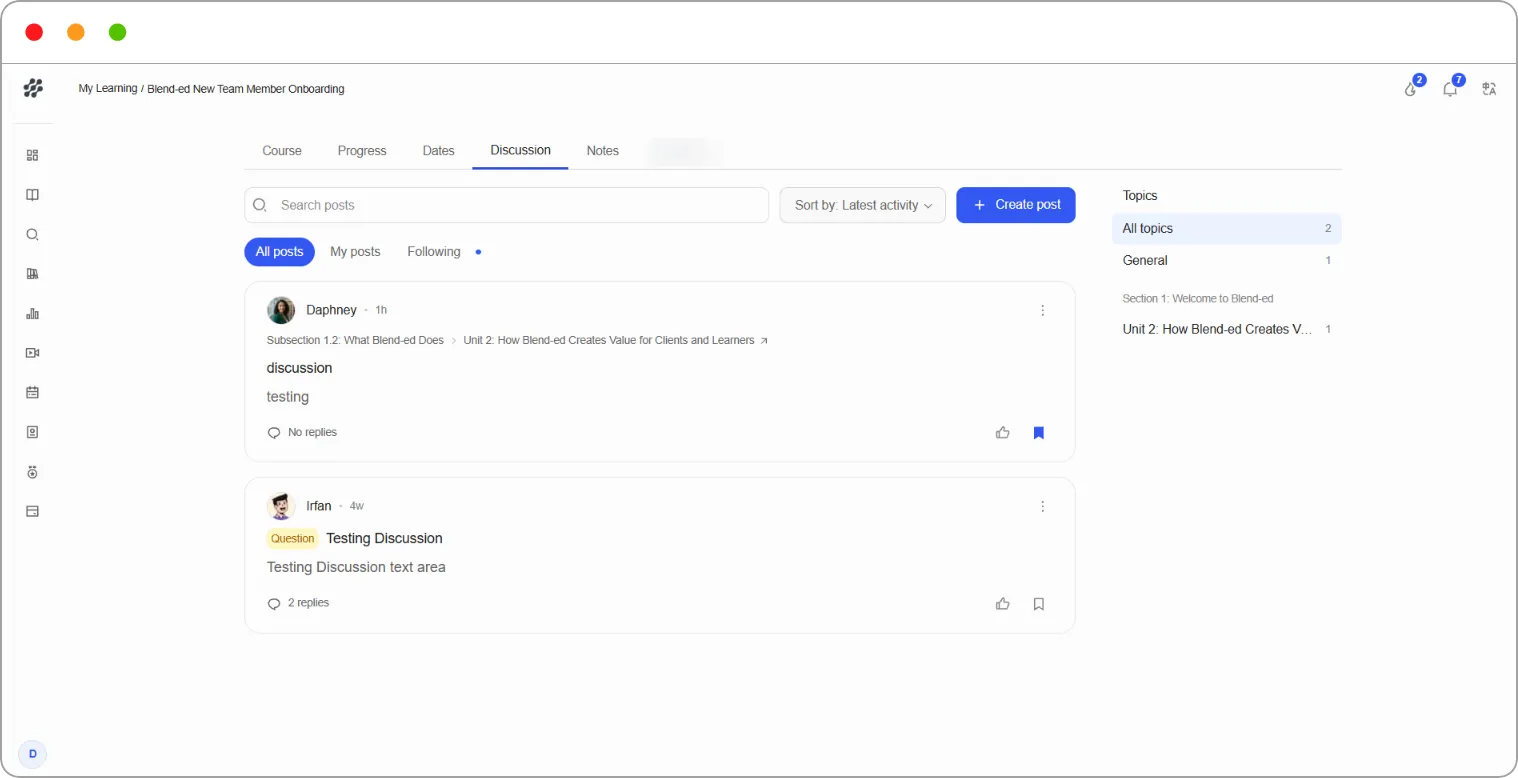 Discussion tab with search, filters, Create post and the Topics list
