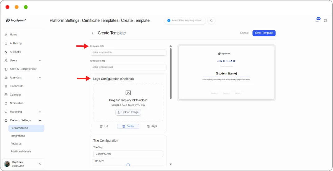 Certificate template editor with the live preview