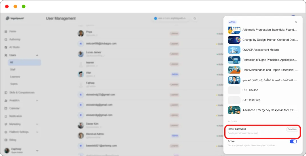 User details panel showing the Reset password action
