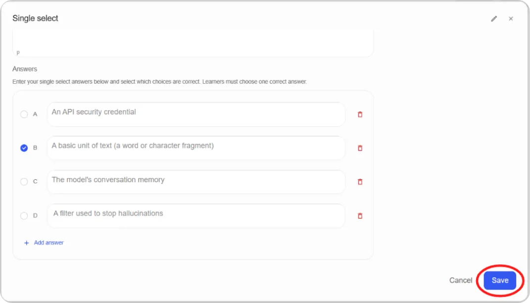Single select editor with question, explanation, and three answer options