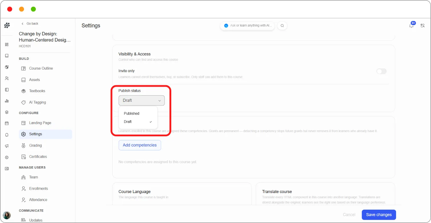 Publish status dropdown showing Published and Draft
