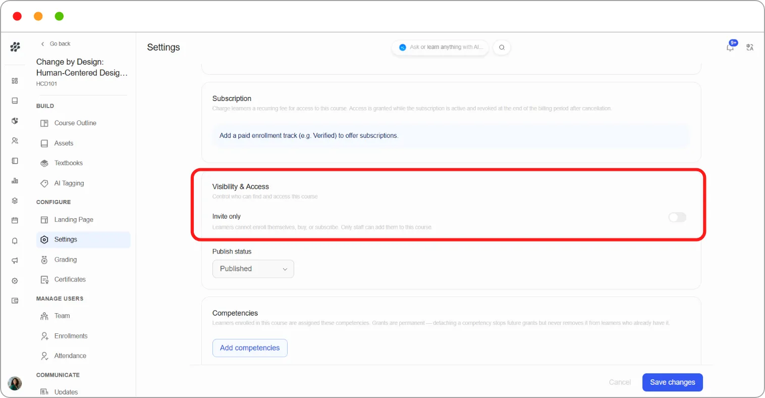 Visibility & Access showing the Invite only toggle