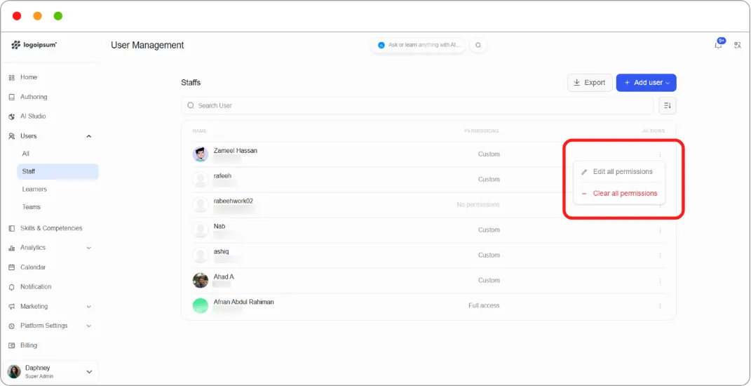 Staff row menu showing Edit all permissions and Clear all permissions