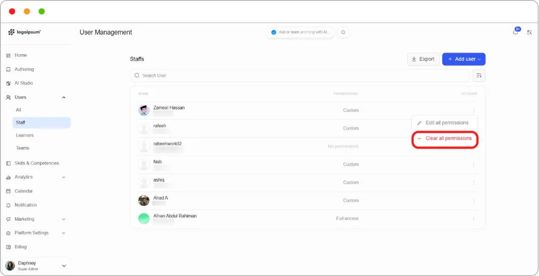 Staff row menu with Clear all permissions highlighted