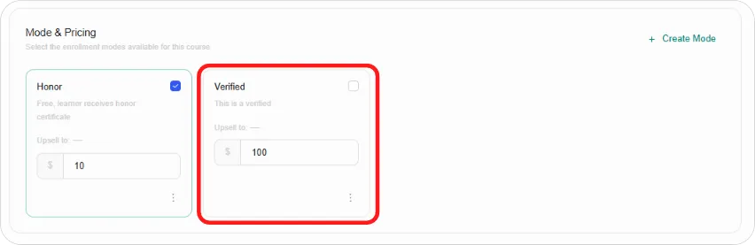 Create enrollment mode window with a name, type, bullets, Paid mode switched on and a price