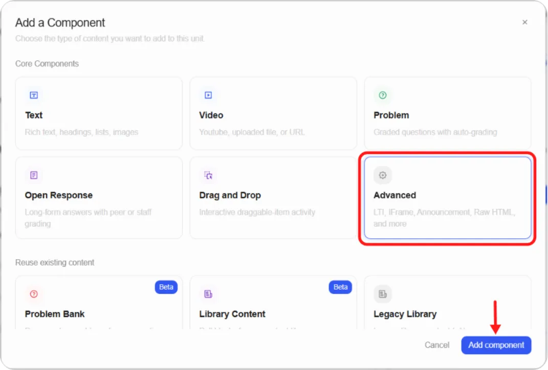 Add a Component modal showing the Advanced component list