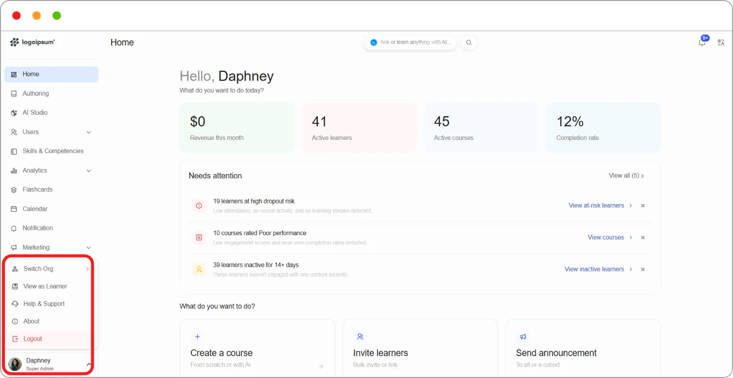 Admin user menu open, showing Switch Org, View as Learner, Help & Support, About and Logout