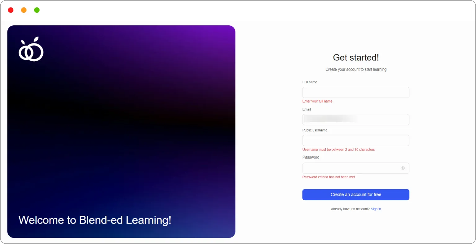 The Get started registration page