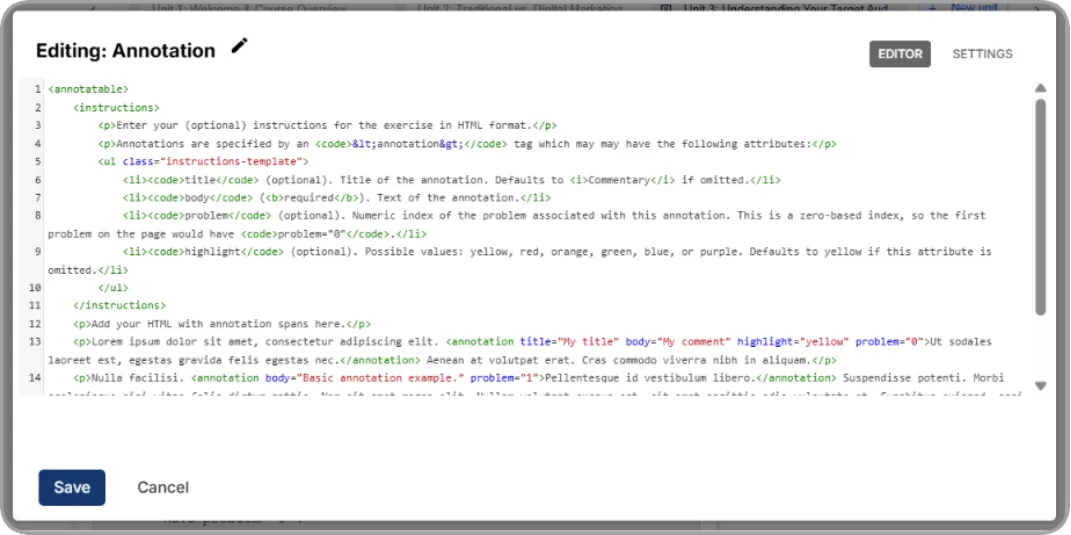 Editing: Annotation modal showing the XML editor