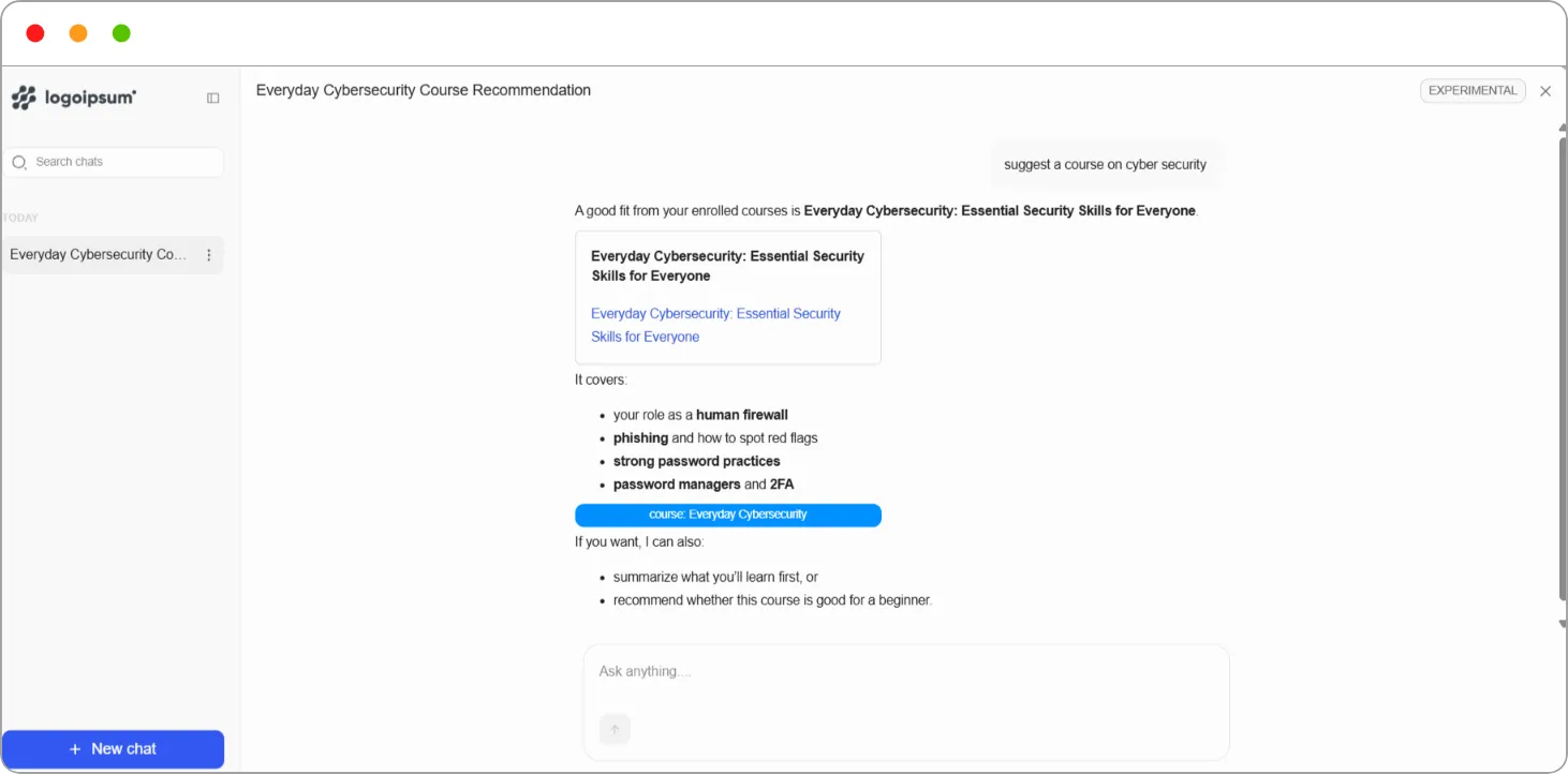 AI search assistant showing a question, a course recommendation card and the chat list on the left