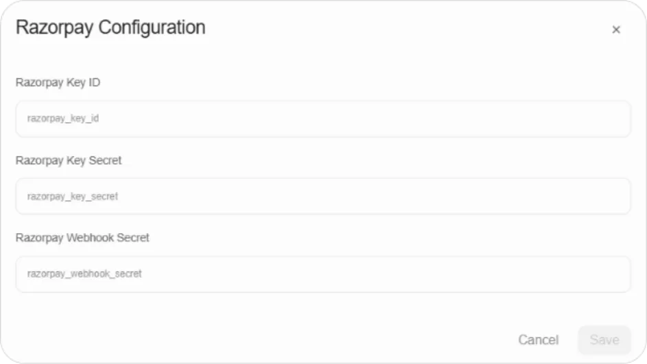 Razorpay Configuration dialog