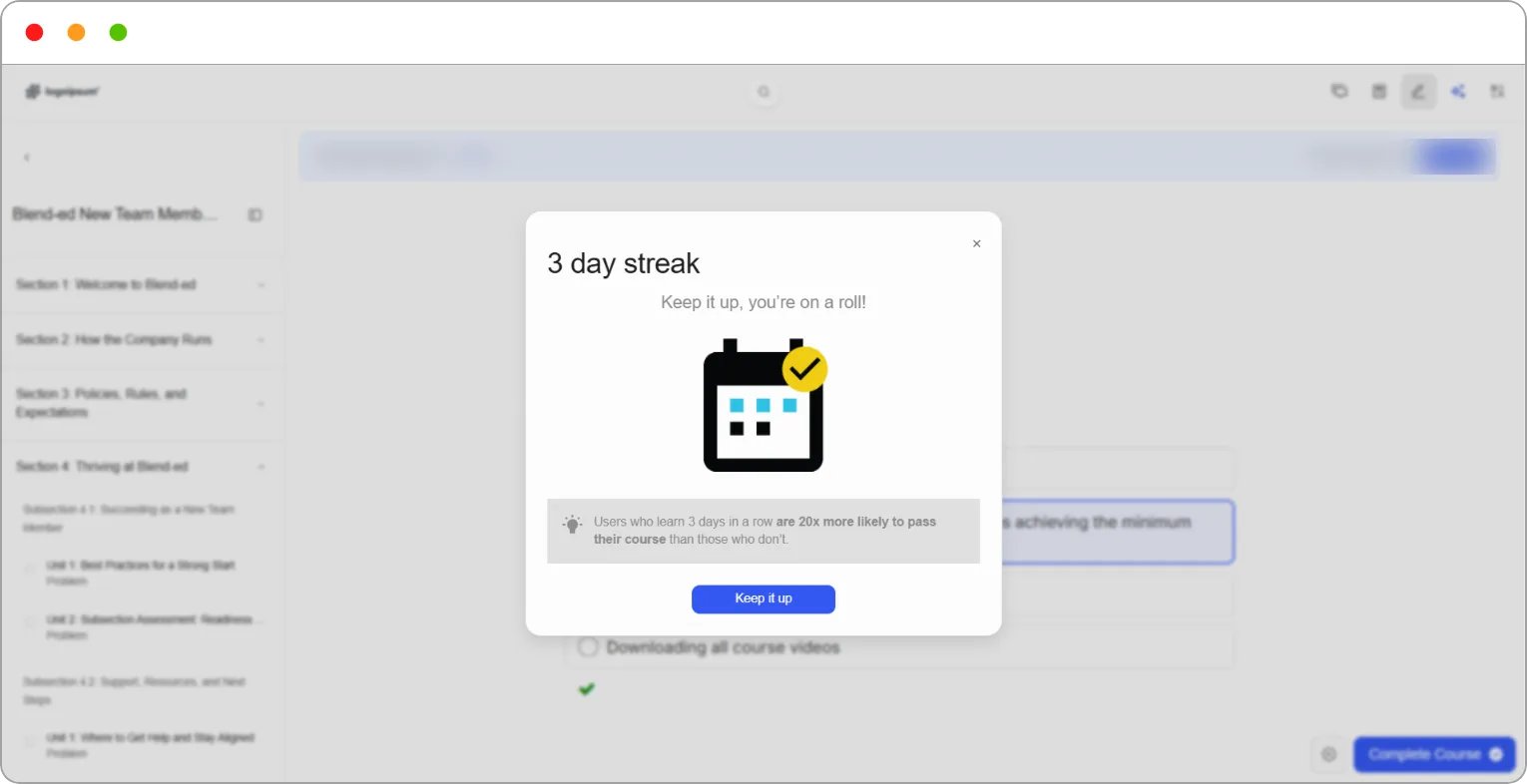 3 day streak pop-up inside a course, showing the message, the tip and the Keep it up button