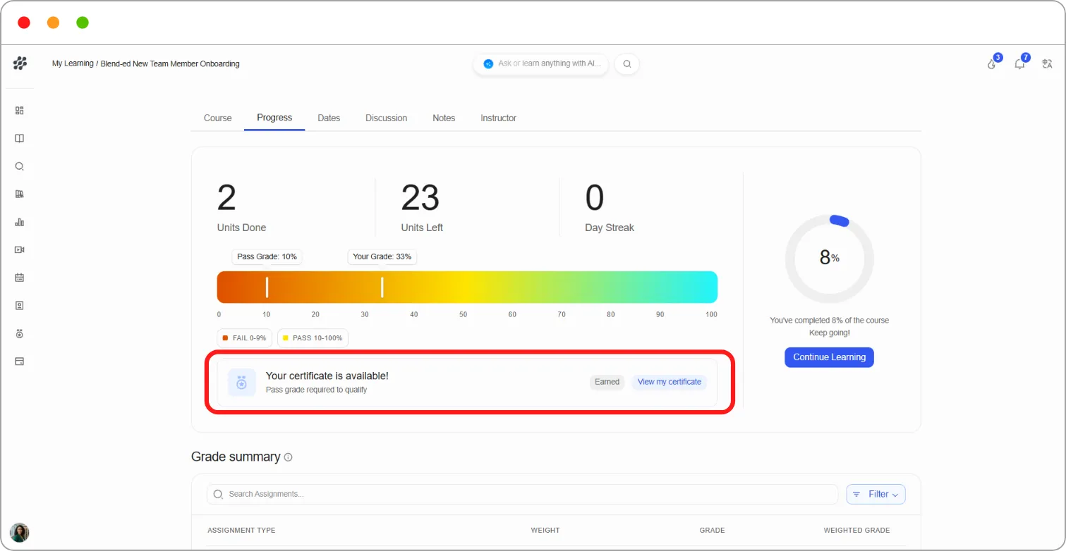 Course Progress tab showing Your certificate is available! with Earned and View my certificate