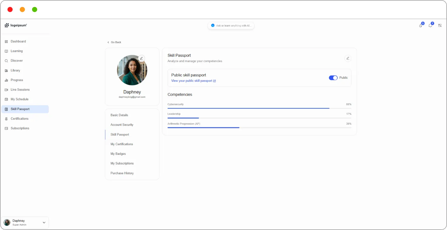 Skill Passport showing the Public skill passport toggle and three competencies with progress bars