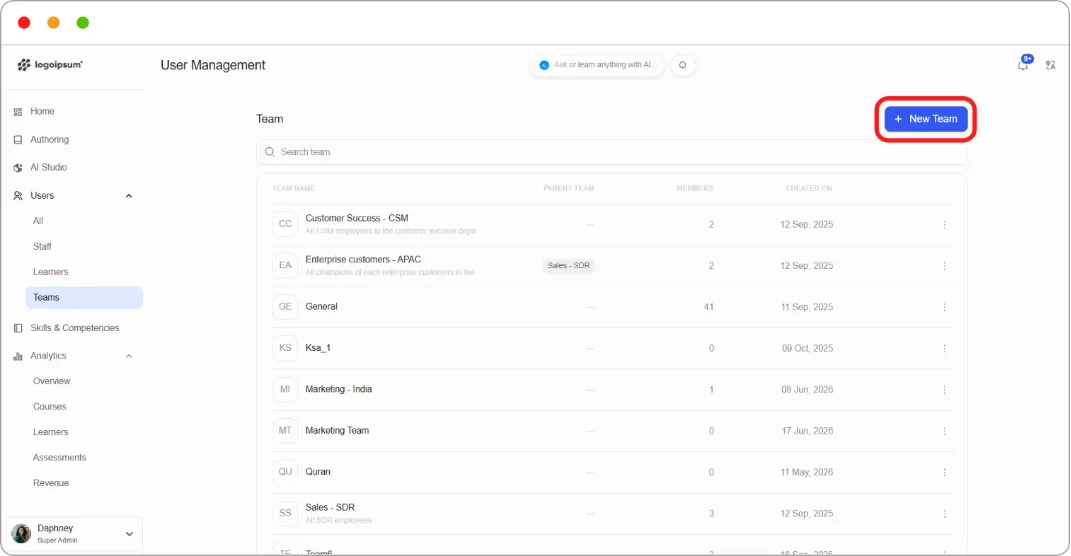 Teams page with the New Team button