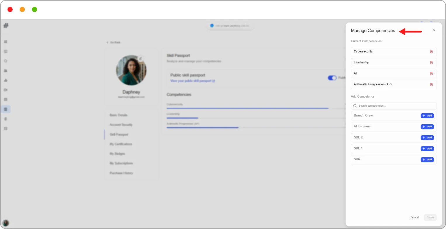 Manage Competencies window with the competency list and Add buttons