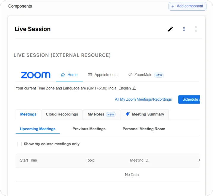 Live Session component showing the Zoom panel with Meetings, Upcoming Meetings and Schedule a New Meeting