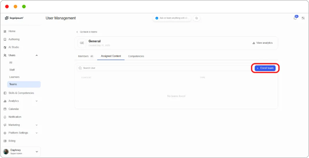 Team Assigned Content tab
