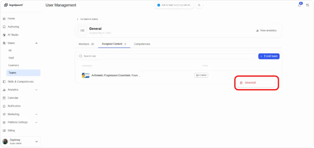 Assigned Content row menu showing Unenroll