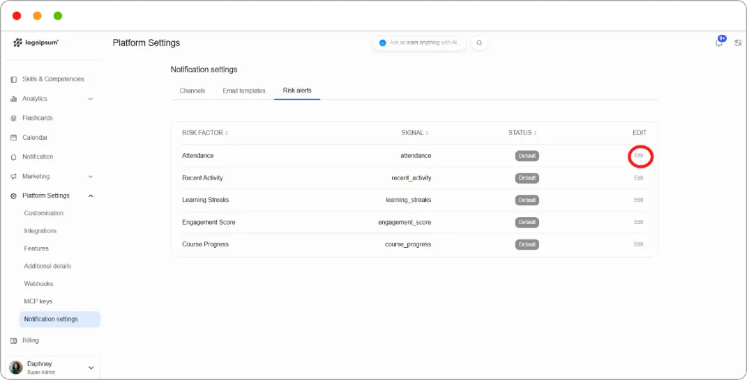 How to configure learner risk alerts screenshot 60