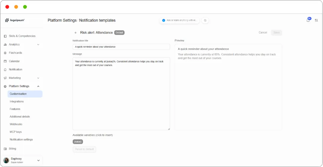 Risk alert editor with live preview