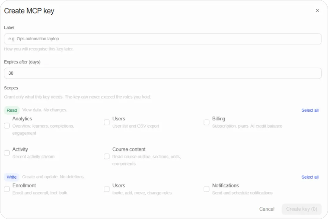 Copy your MCP key dialog