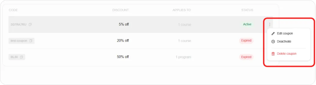 Coupon row menu