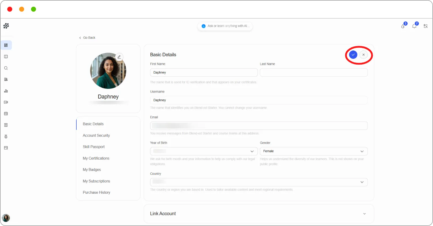 Basic Details in edit mode, with the tick and × buttons at the top right
