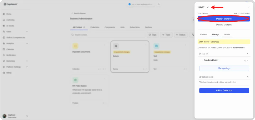 Library content cards showing Unpublished changes badges