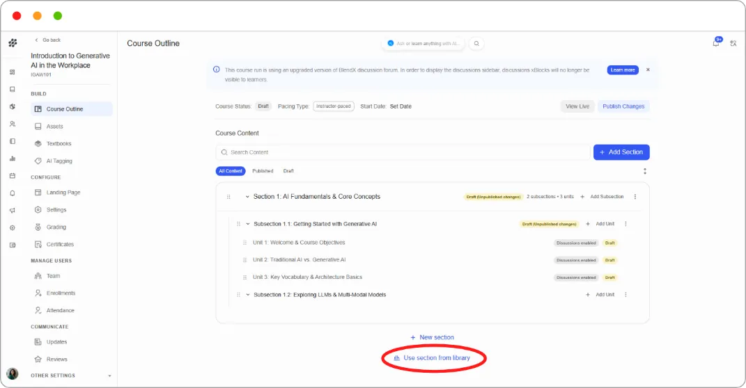 Select section modal listing available libraries