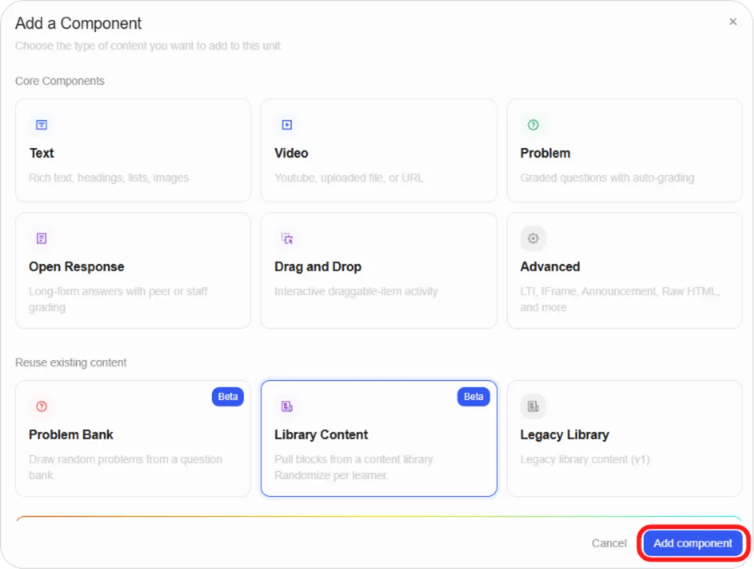 Add a Component modal showing the Reuse existing content options
