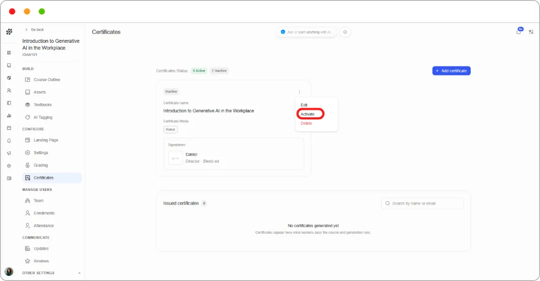 Certificates page showing one Active and one Inactive certificate