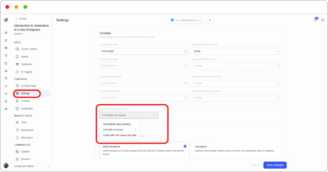 Certificate display behavior dropdown
