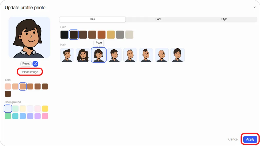 Update profile photo window showing the avatar preview, Upload image, Skin and Background, and the Face tab