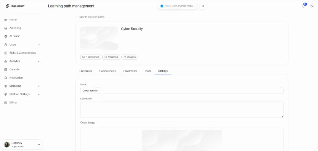 Settings tab with cover image upload