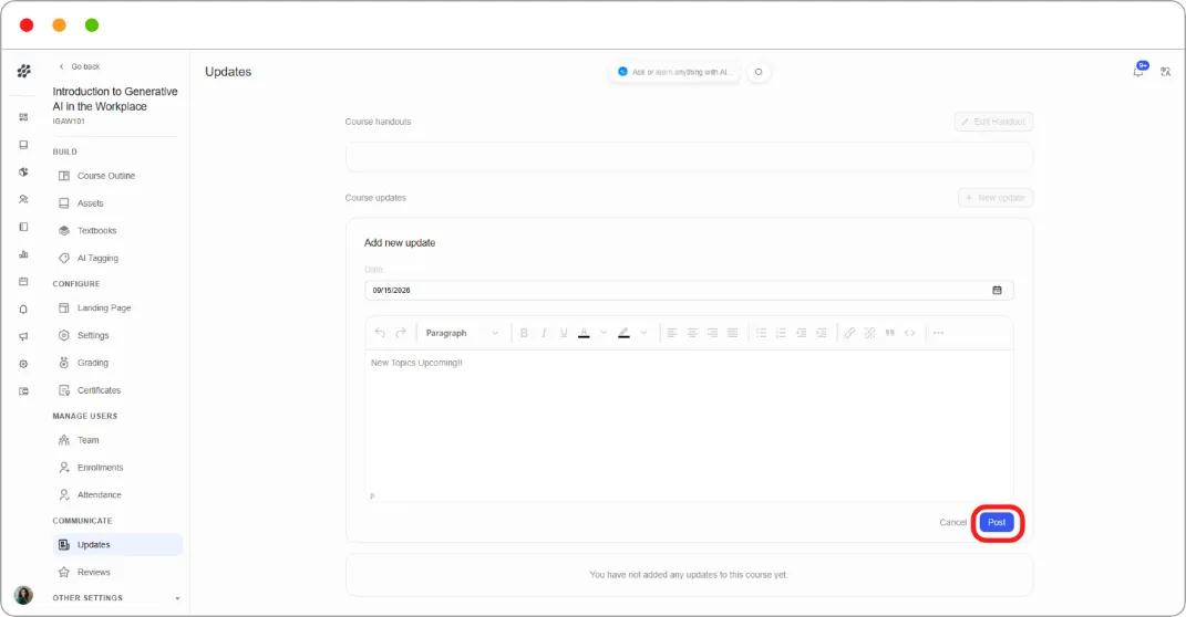 Add new update with the date picker open