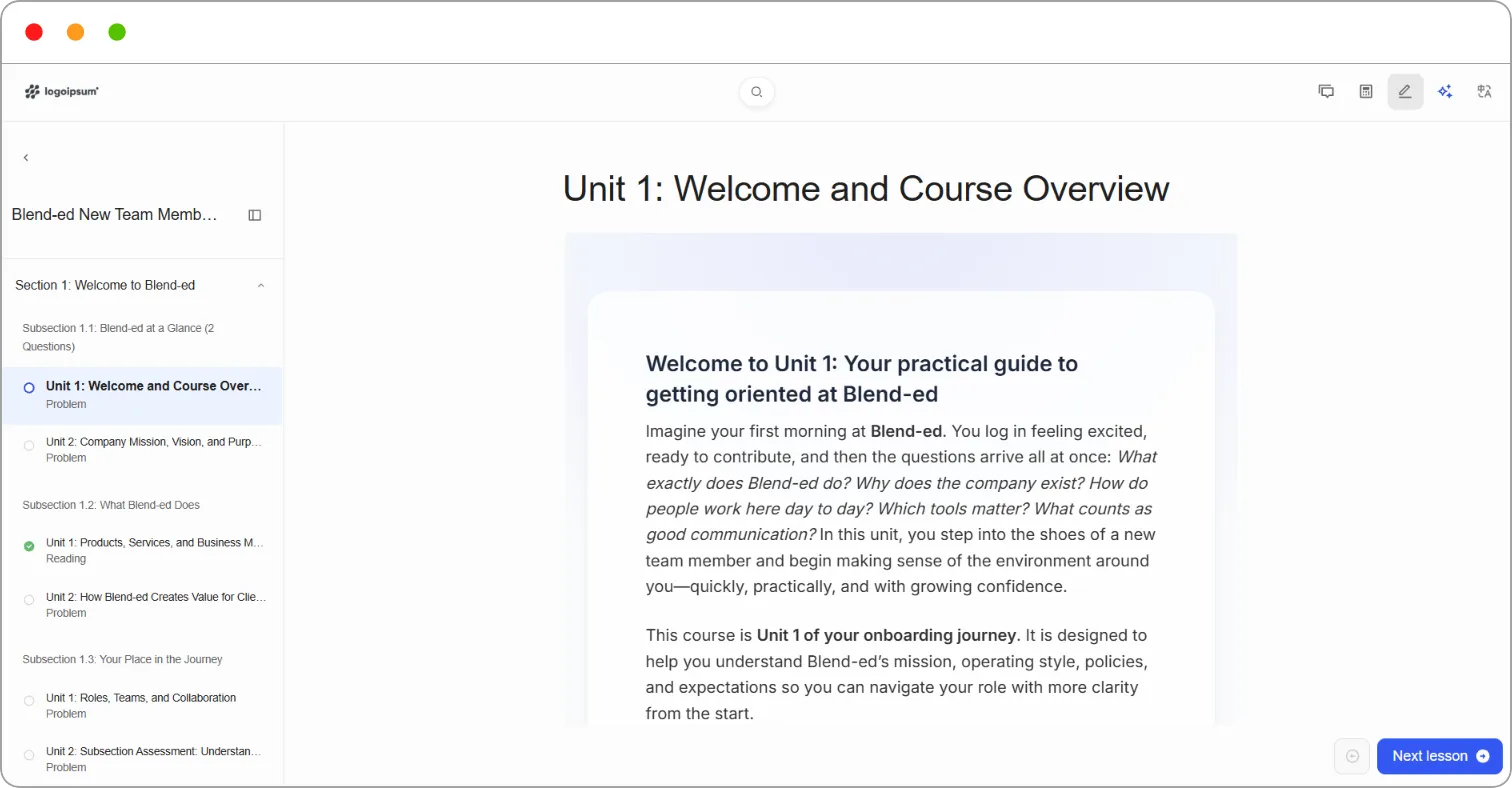Lesson view with the course outline on the left and a unit open on the right