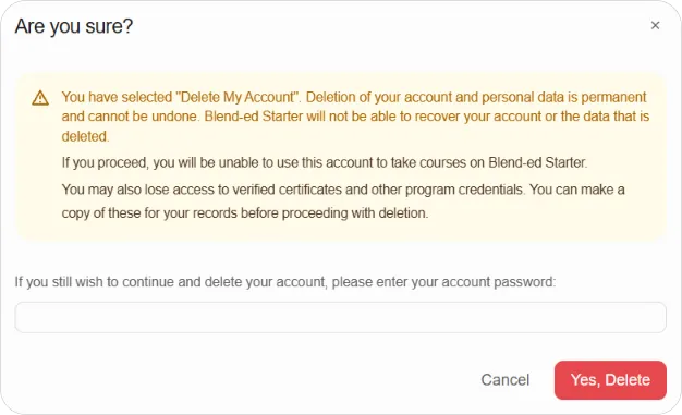 Are you sure? window with the password field and Yes, Delete