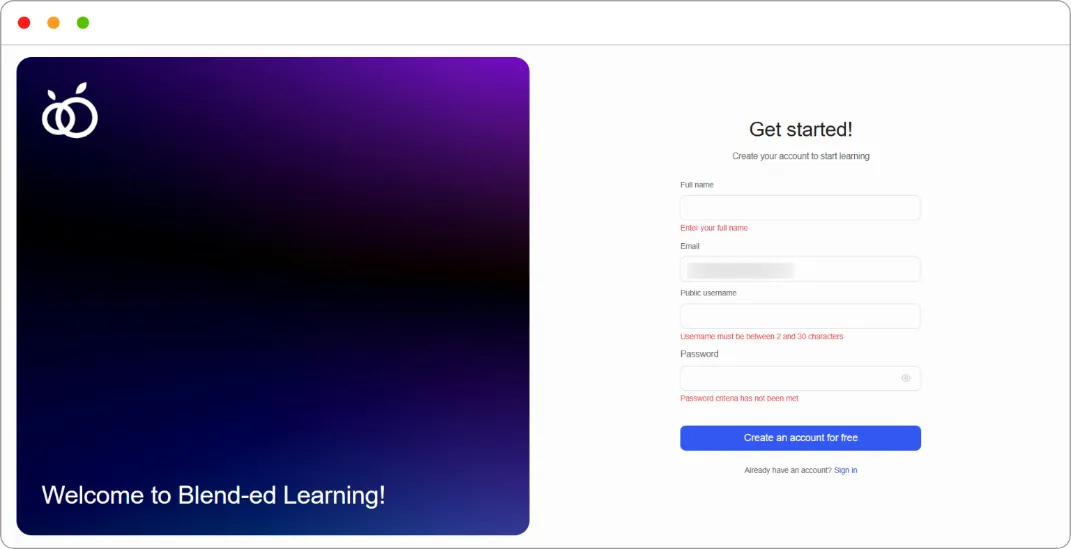 The Get started registration page
