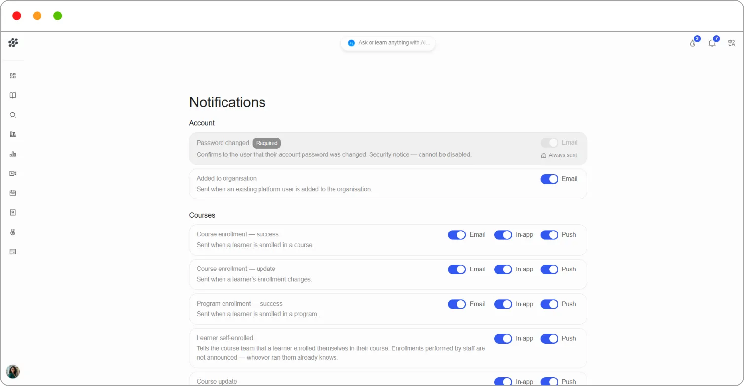 Notification preferences page showing the Account and Courses groups with Email, In-app and Push toggles