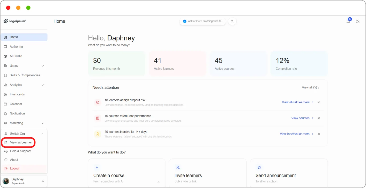 How to switch between admin and learner views screenshot 13