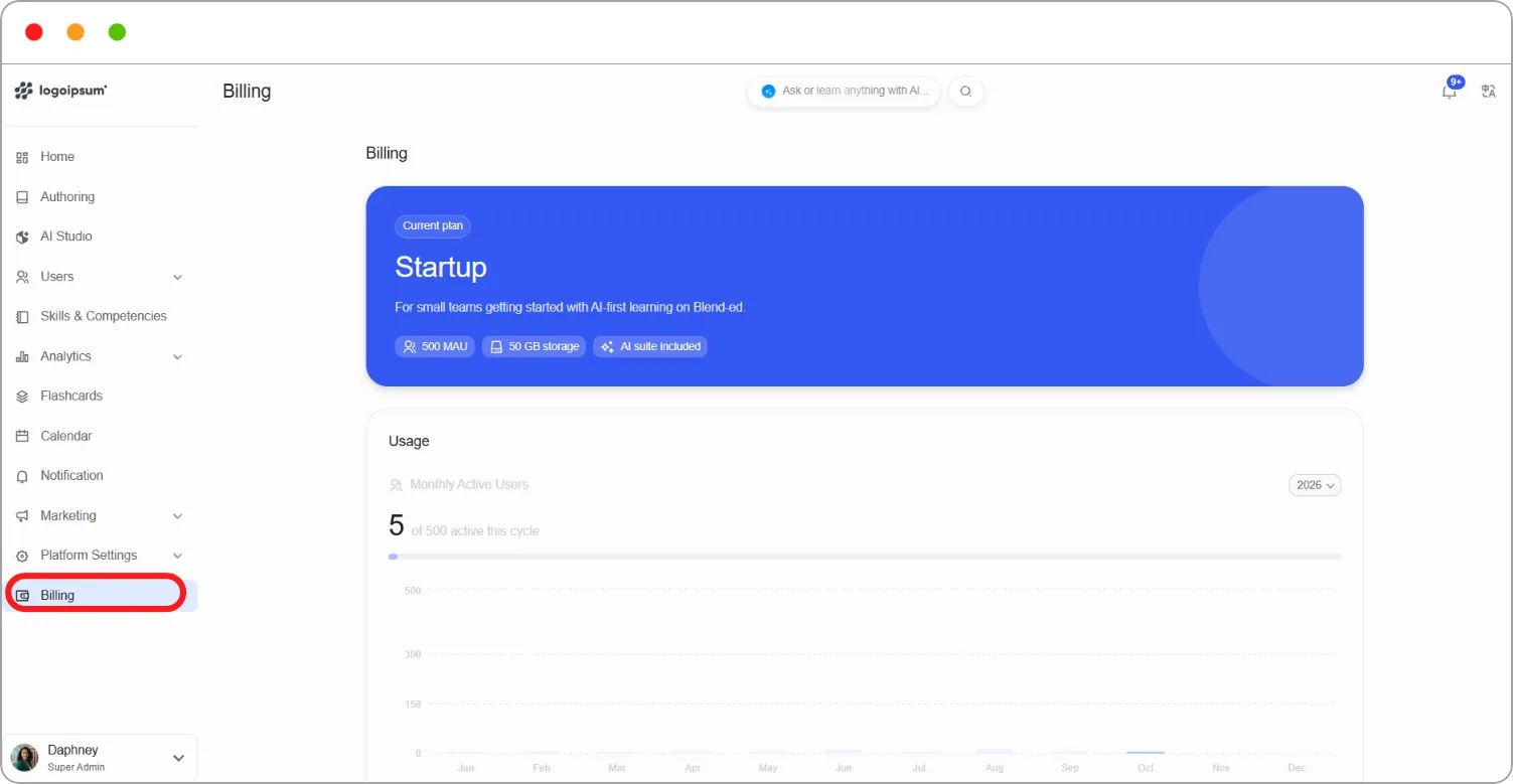 Billing page showing the Current plan card, Usage and Billing history