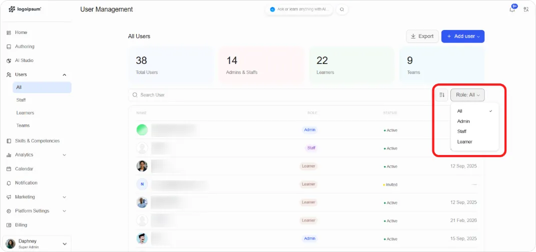 All Users page with search and Role filter